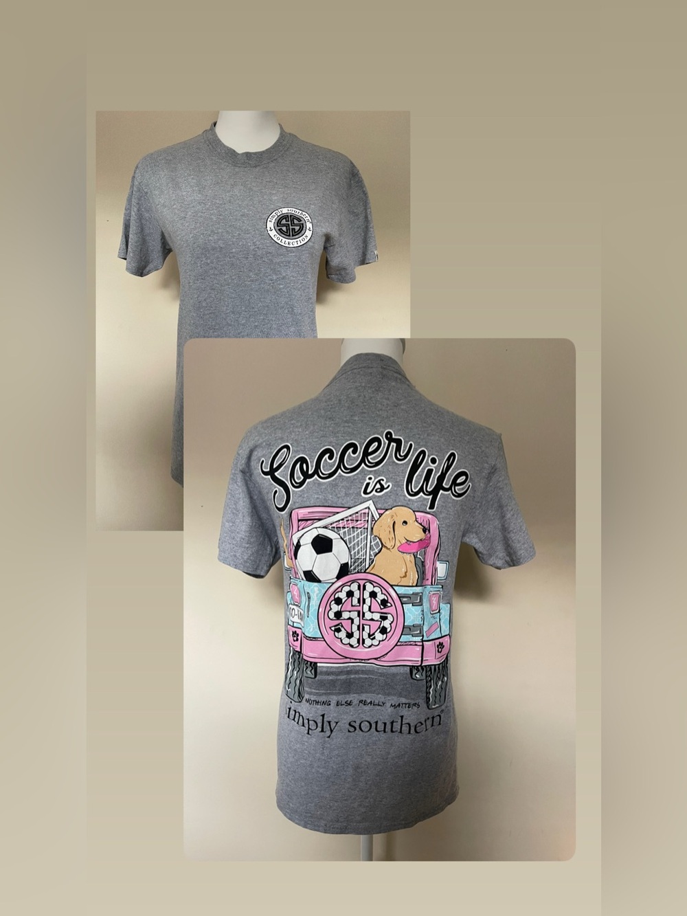 Simply Southern "Soccer Is Life" Gray Graphic T-Shirt w/Dog in Pink Jeep, Size S